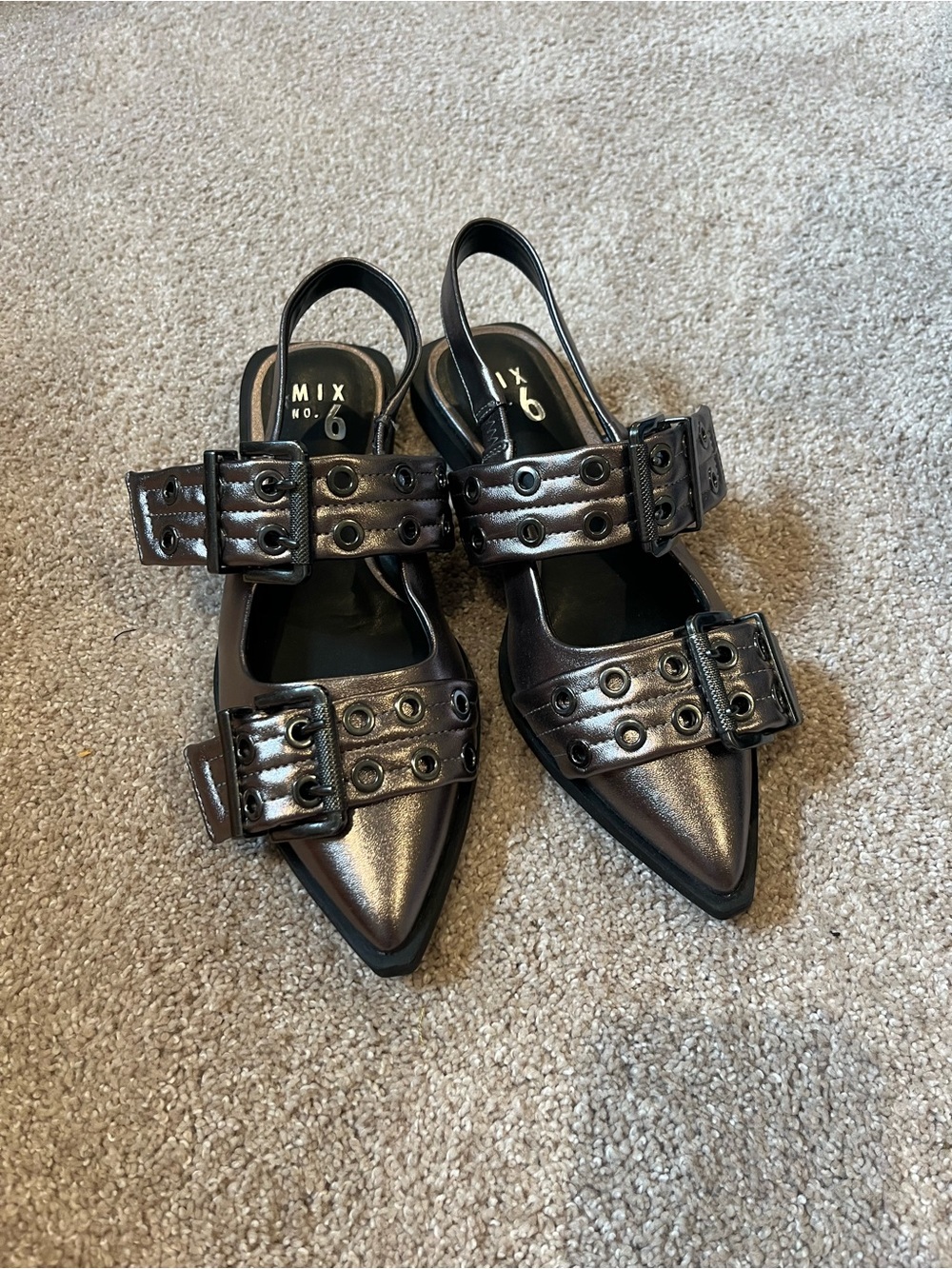 Mix No. 6 Metallic Pewter Pointed Slingback Flats with Buckle Straps